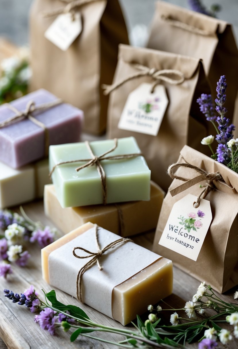 An arrangement of handmade soap bars with natural scents next to wedding welcome bags decorated with flowers and herbs on a wooden surface.