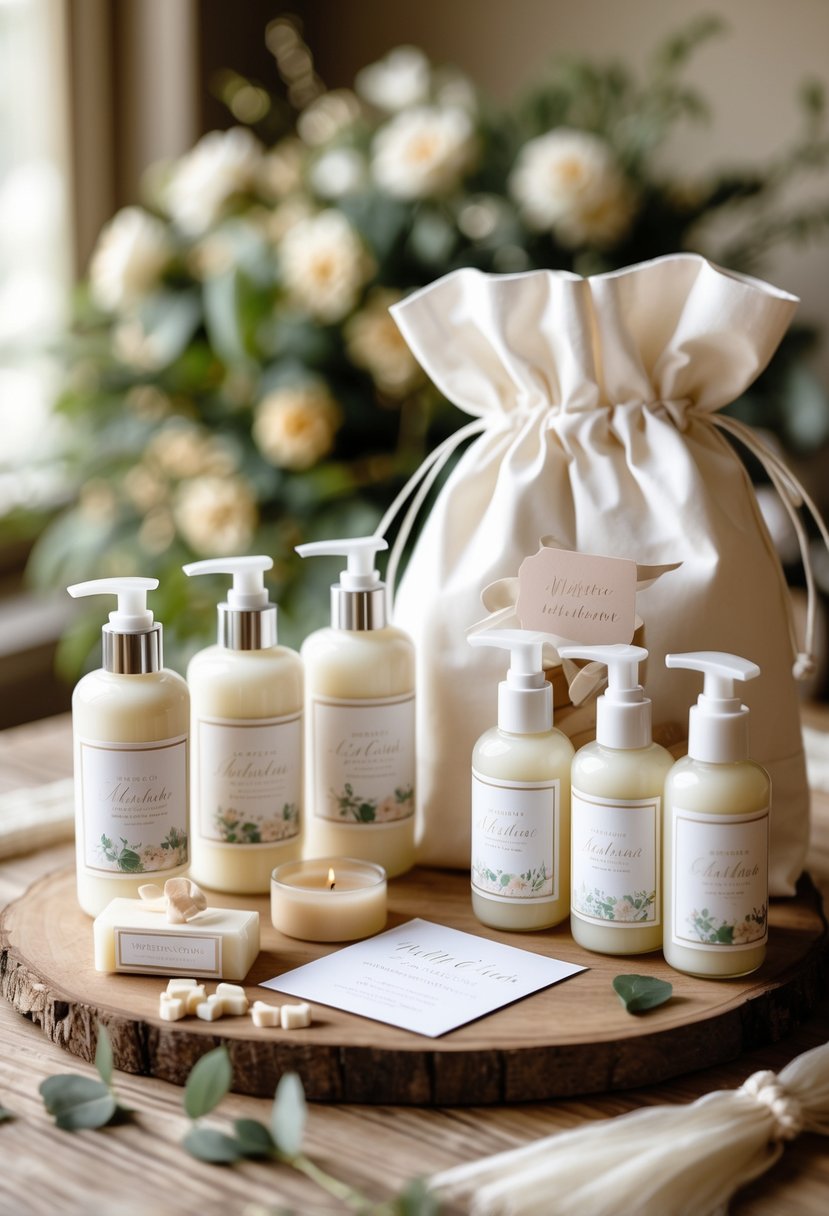 A wedding welcome bag with personalized travel-sized lotion bottles and small gift items arranged on a wooden table.
