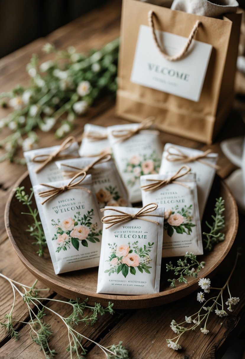 Seed packets arranged on a wooden table with flowers and greenery, next to a partially open wedding welcome bag.