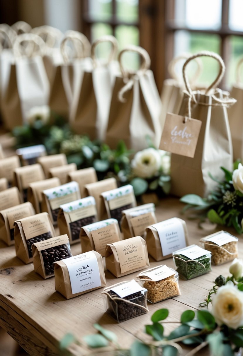 A collection of mini coffee and tea sampler packages arranged with wedding welcome bags on a wooden table, decorated with flowers and greenery.