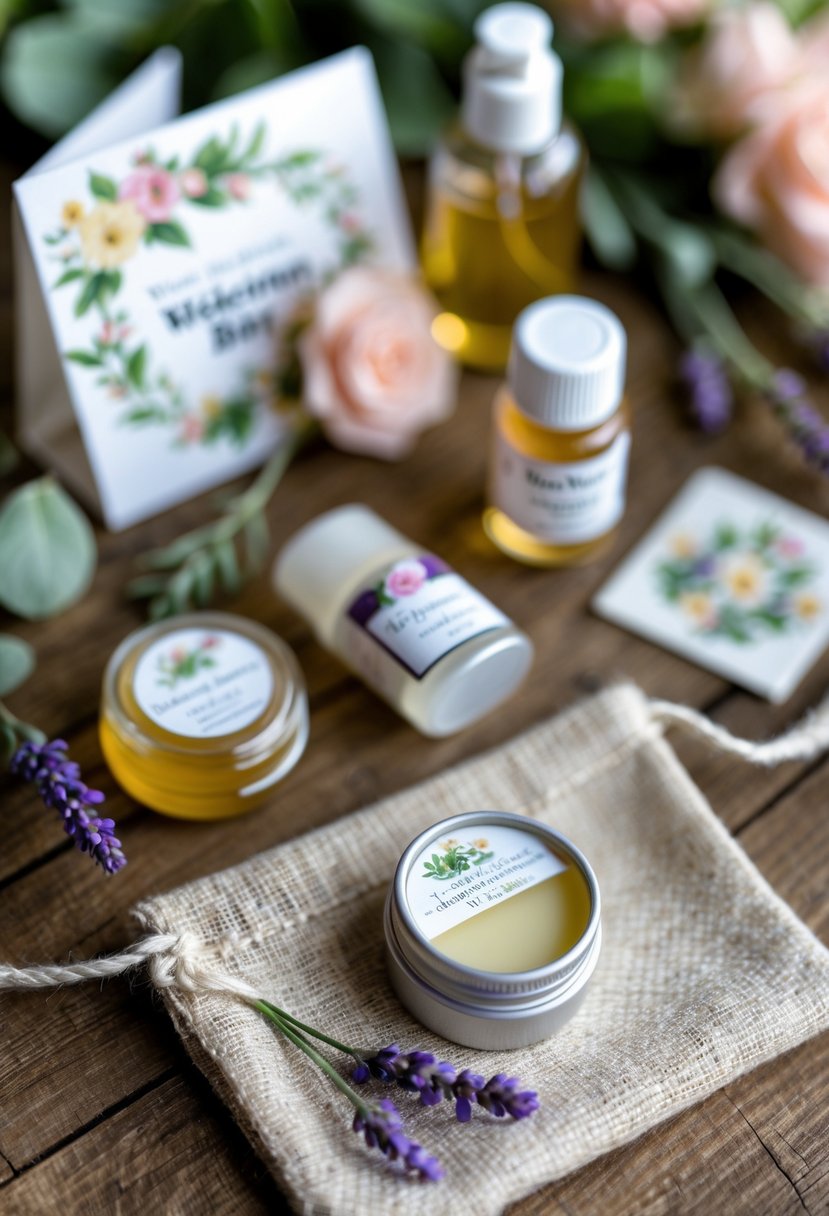 A wedding welcome bag arrangement featuring a lip balm with natural ingredients and small complementary items on a wooden table.