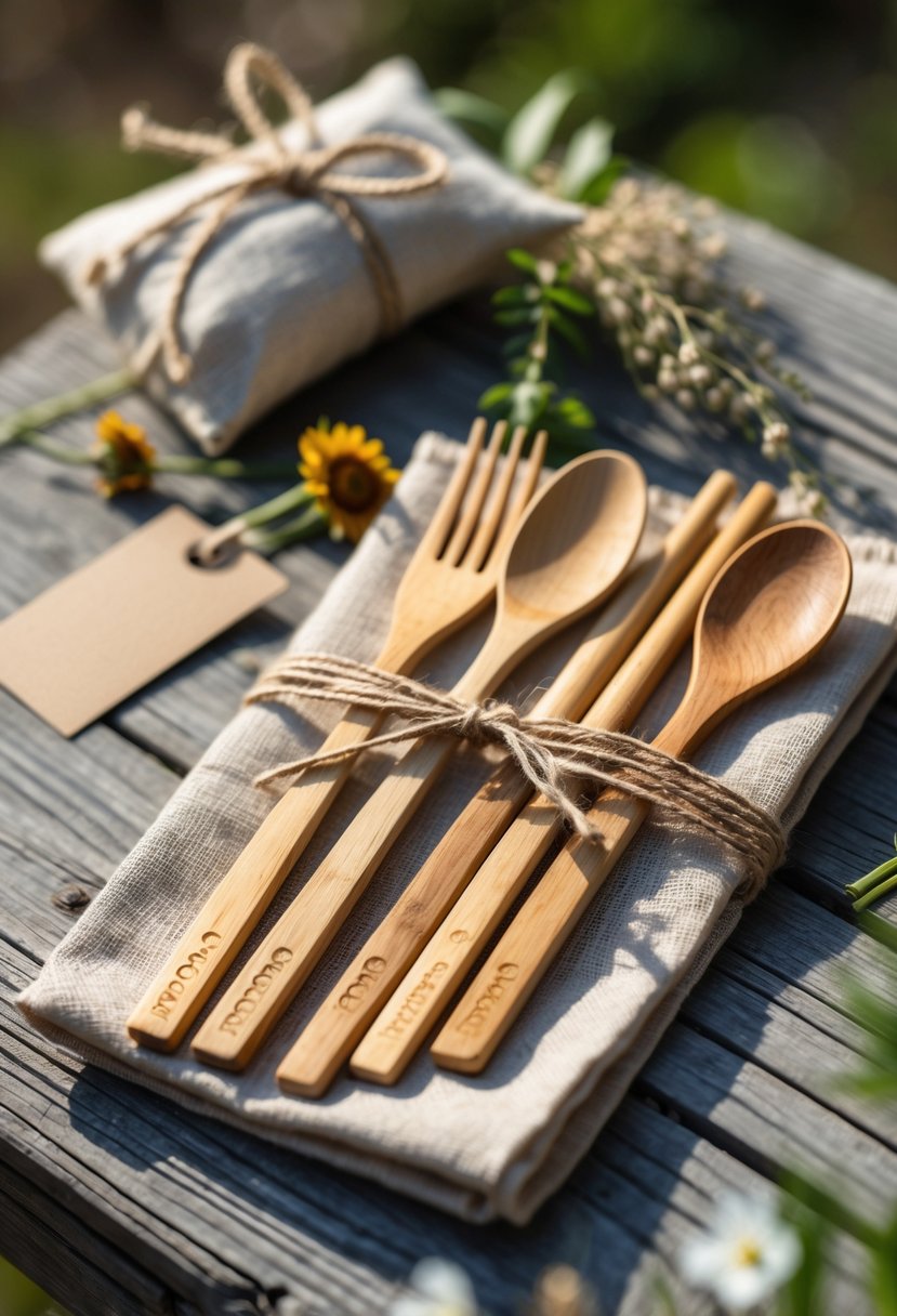 An eco-friendly bamboo cutlery set tied with twine on a wooden table surrounded by dried flowers and greenery in an outdoor setting.