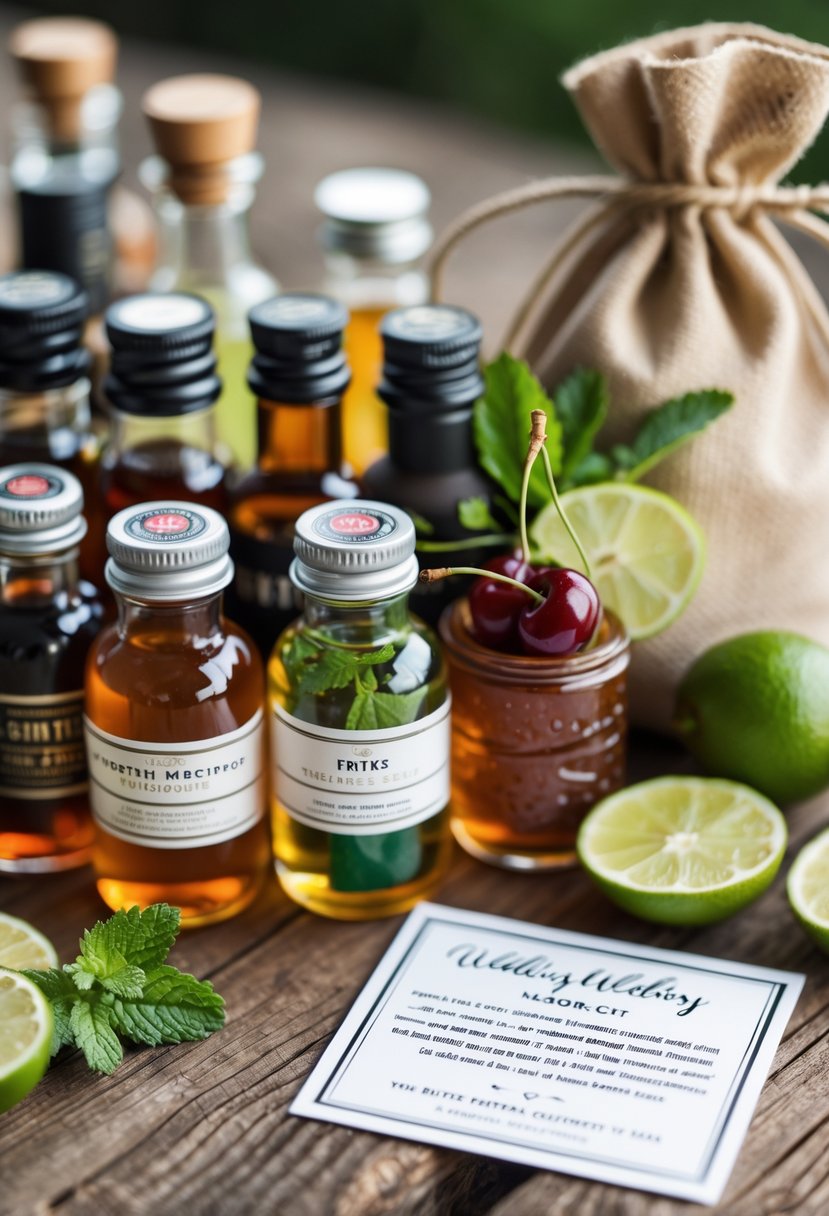 A mini cocktail kit with small bottles of ingredients, fresh garnishes, and a recipe card arranged on a wooden table next to a small jute bag.