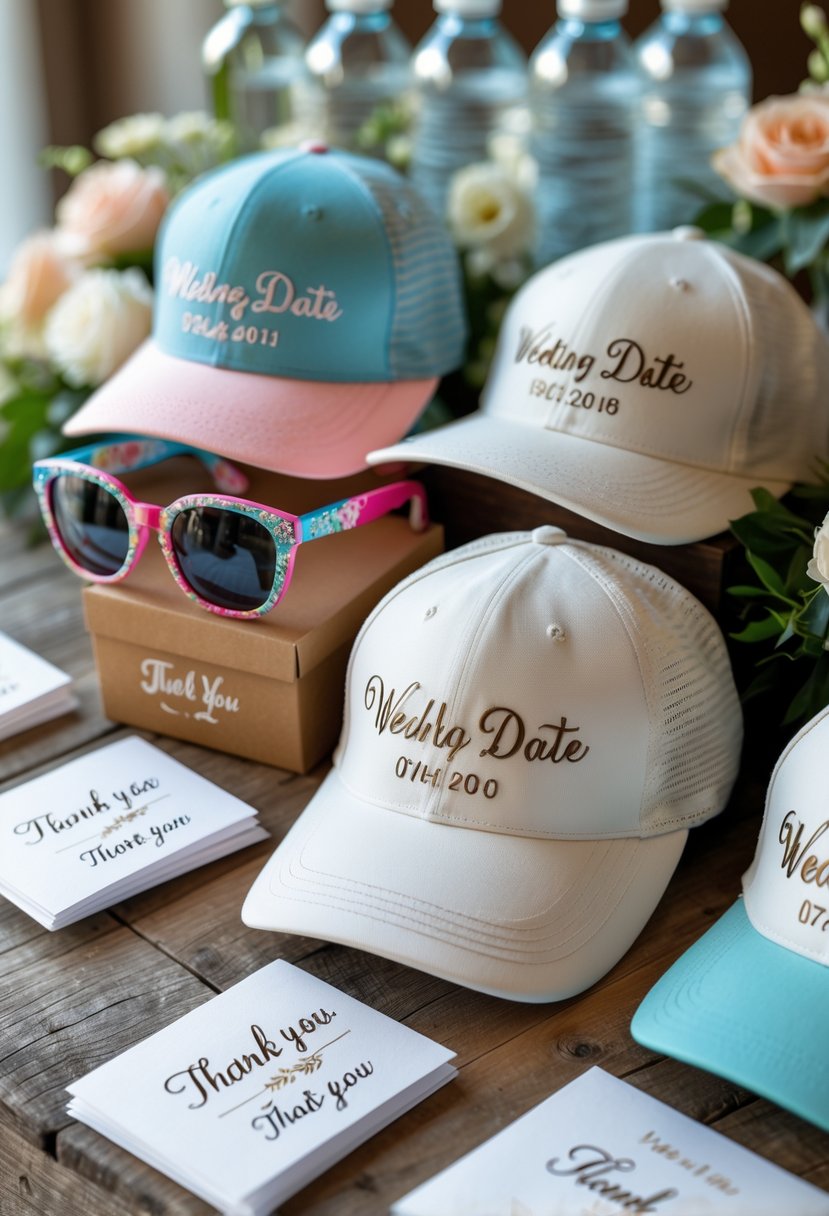 Wedding welcome bag setup with embroidered novelty sunglasses and hats arranged on a wooden table alongside other small gifts.