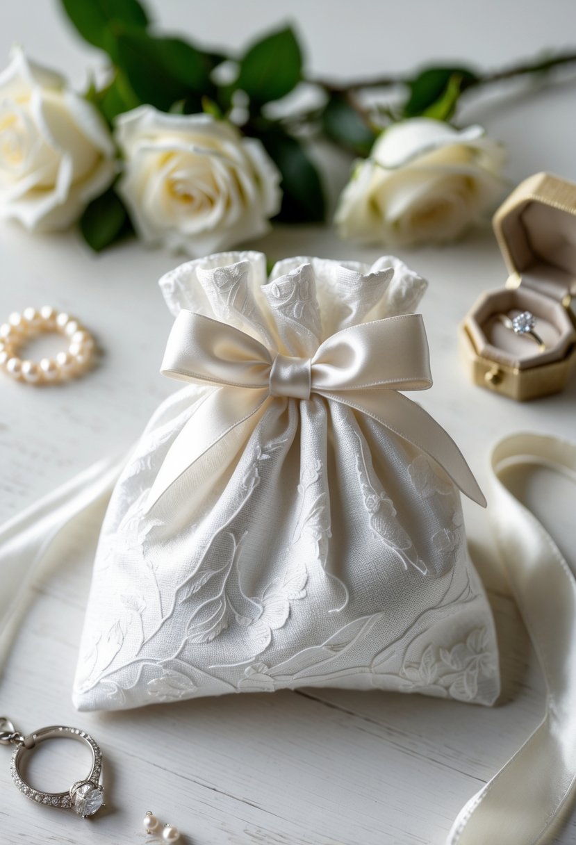 A white fabric jewelry pouch made from wedding dress material, placed on a wooden surface with wedding accessories nearby.