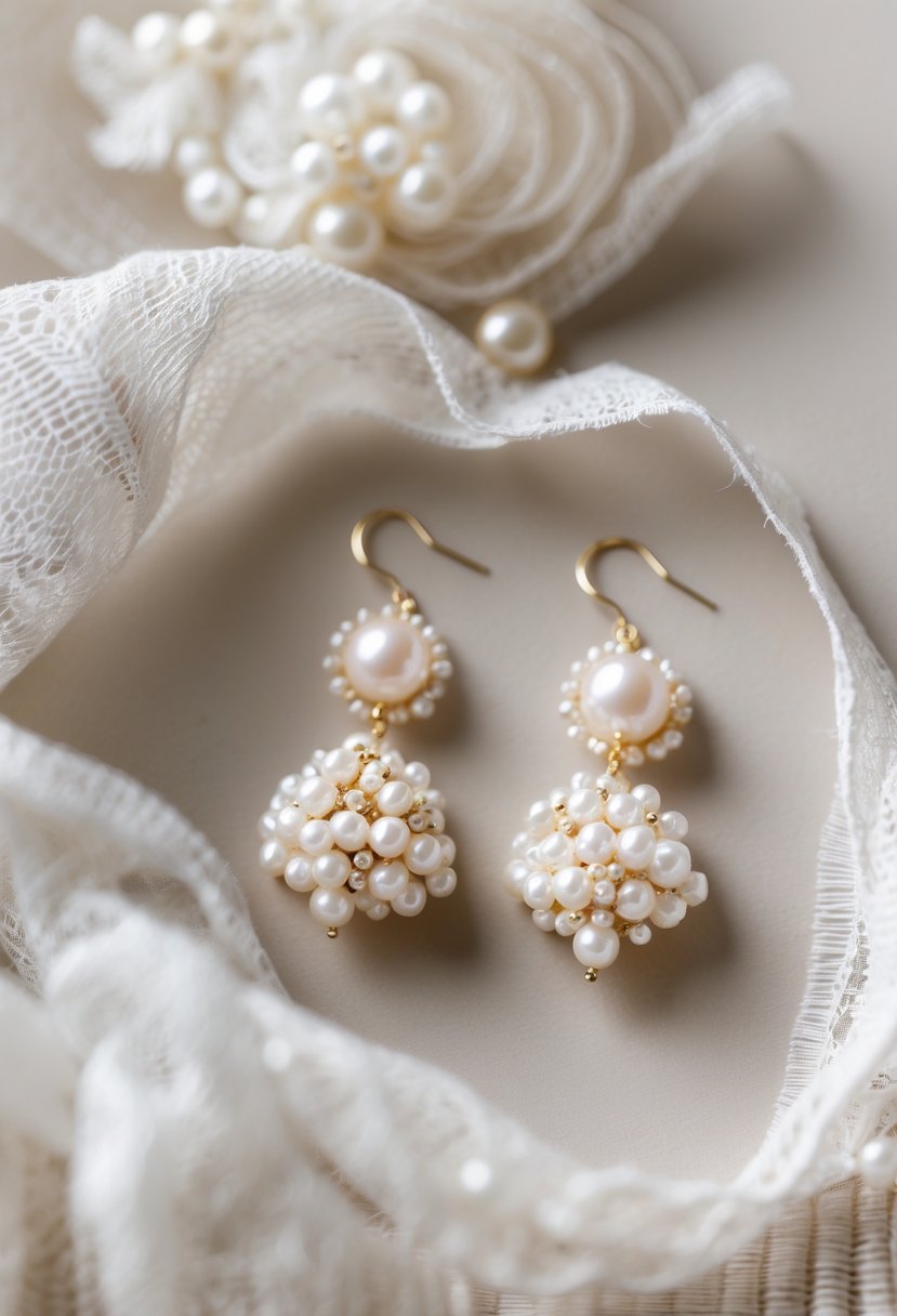 Close-up of pearl and bead earrings made from wedding dress fabric on a soft background.