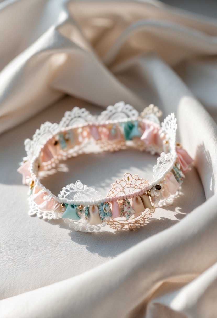 A handmade bracelet made of lace and fabric scraps displayed on a light surface.