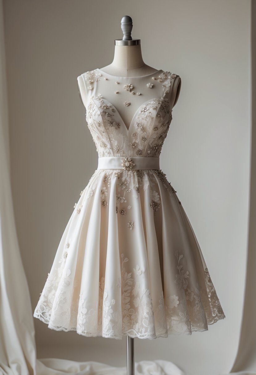 A stylish cocktail dress displayed on a mannequin in a studio setting.