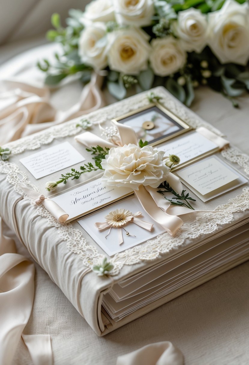 A fabric-covered wedding photo album opened to show wedding pictures and decorative keepsakes on a soft surface.