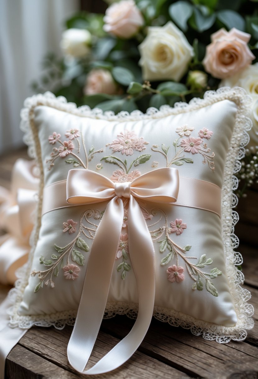 A decorative ivory satin ring bearer pillow with lace trim and floral embroidery, tied with satin ribbons, resting on a wooden surface with wedding flowers in the background.