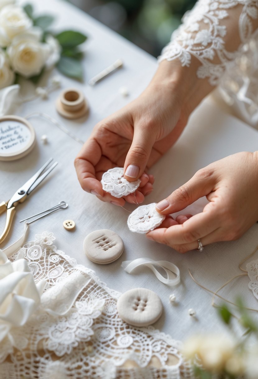 Hands crafting fabric-covered buttons from wedding dress fabric on a workspace with sewing tools.