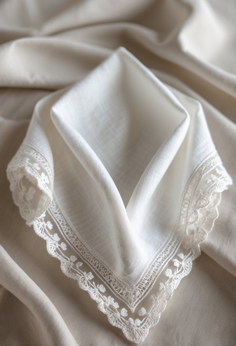 A delicate white handkerchief with lace edges folded on a soft fabric background.