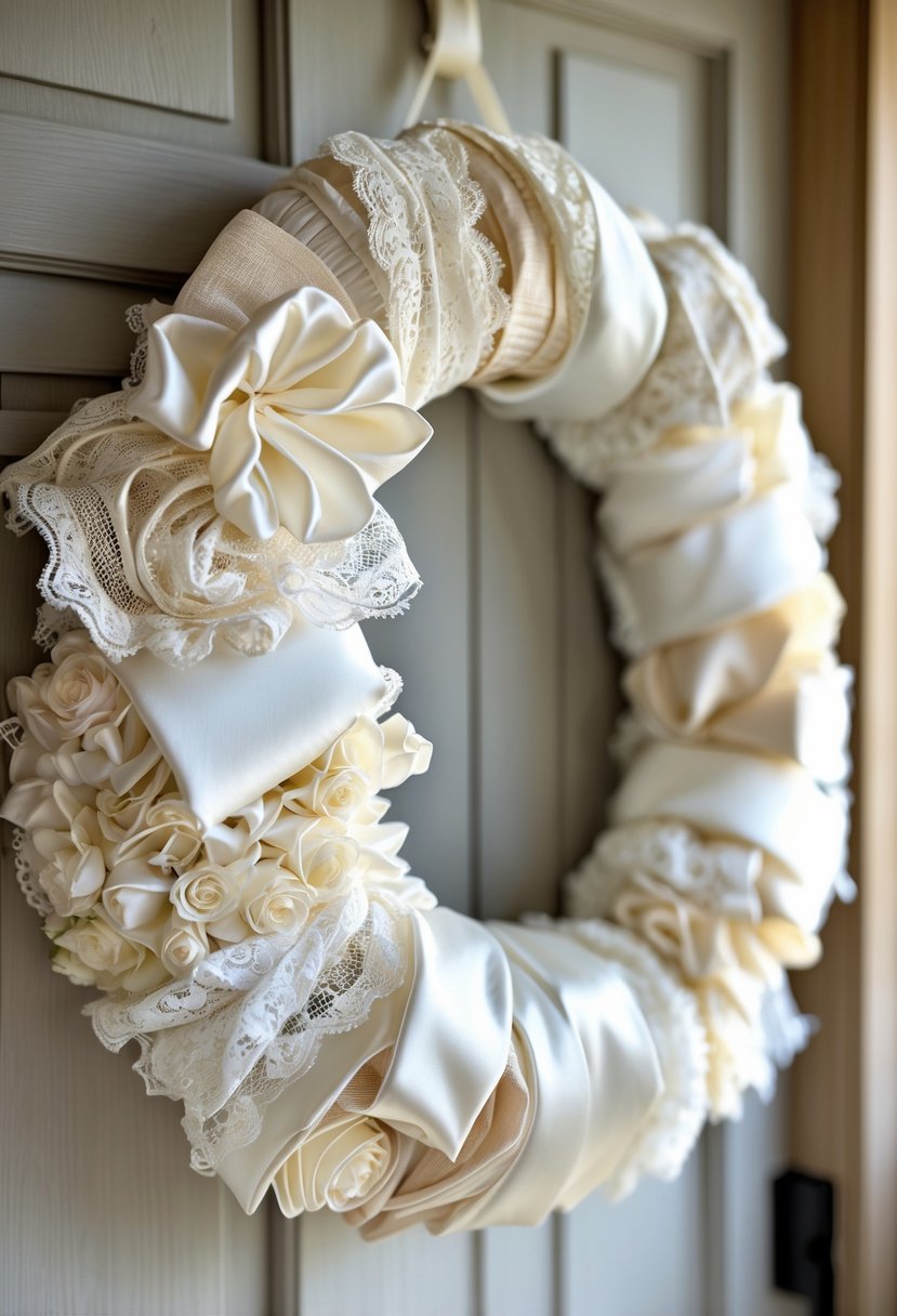 A fabric wreath made from pieces of wedding dress fabric hanging on a wooden door inside a home.