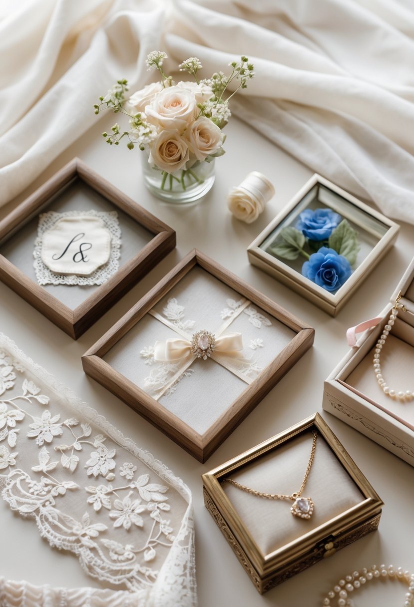 A collection of wedding dress keepsakes including lace fabric swatch, preserved flowers in a glass box, embroidered handkerchief, and a pearl necklace on a jewelry box arranged on a neutral surface.