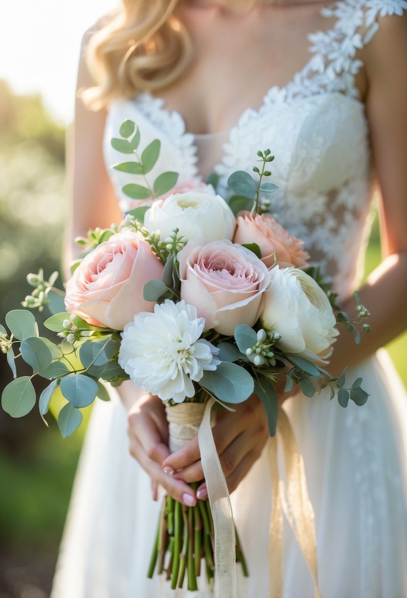 A small wedding bouquet with pastel flowers held by a bride in a white dress outdoors.