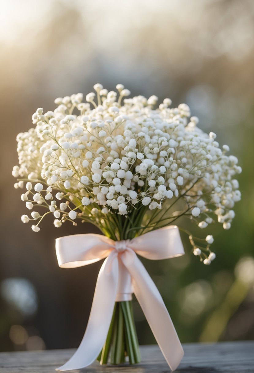 A small bouquet of baby's breath flowers tied with a satin ribbon.