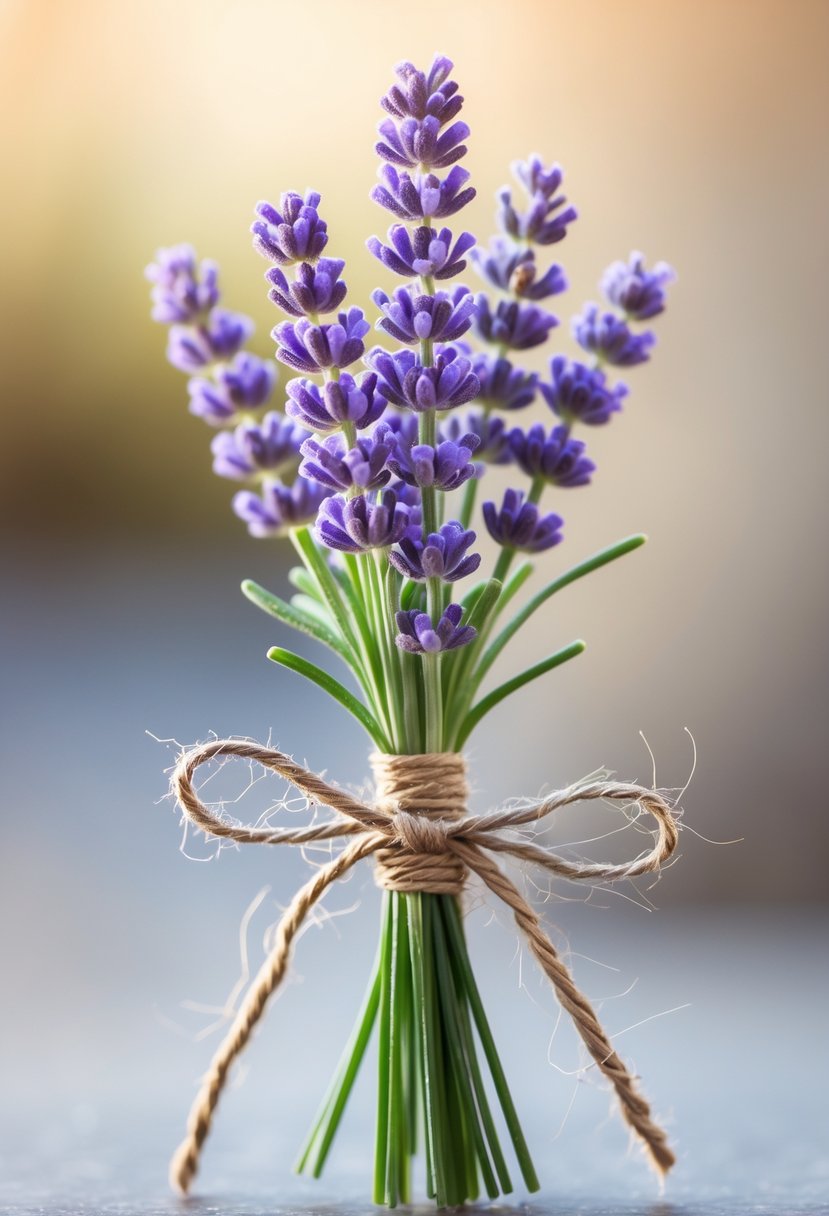 A small wedding bouquet of lavender tied with natural twine on a blurred background.