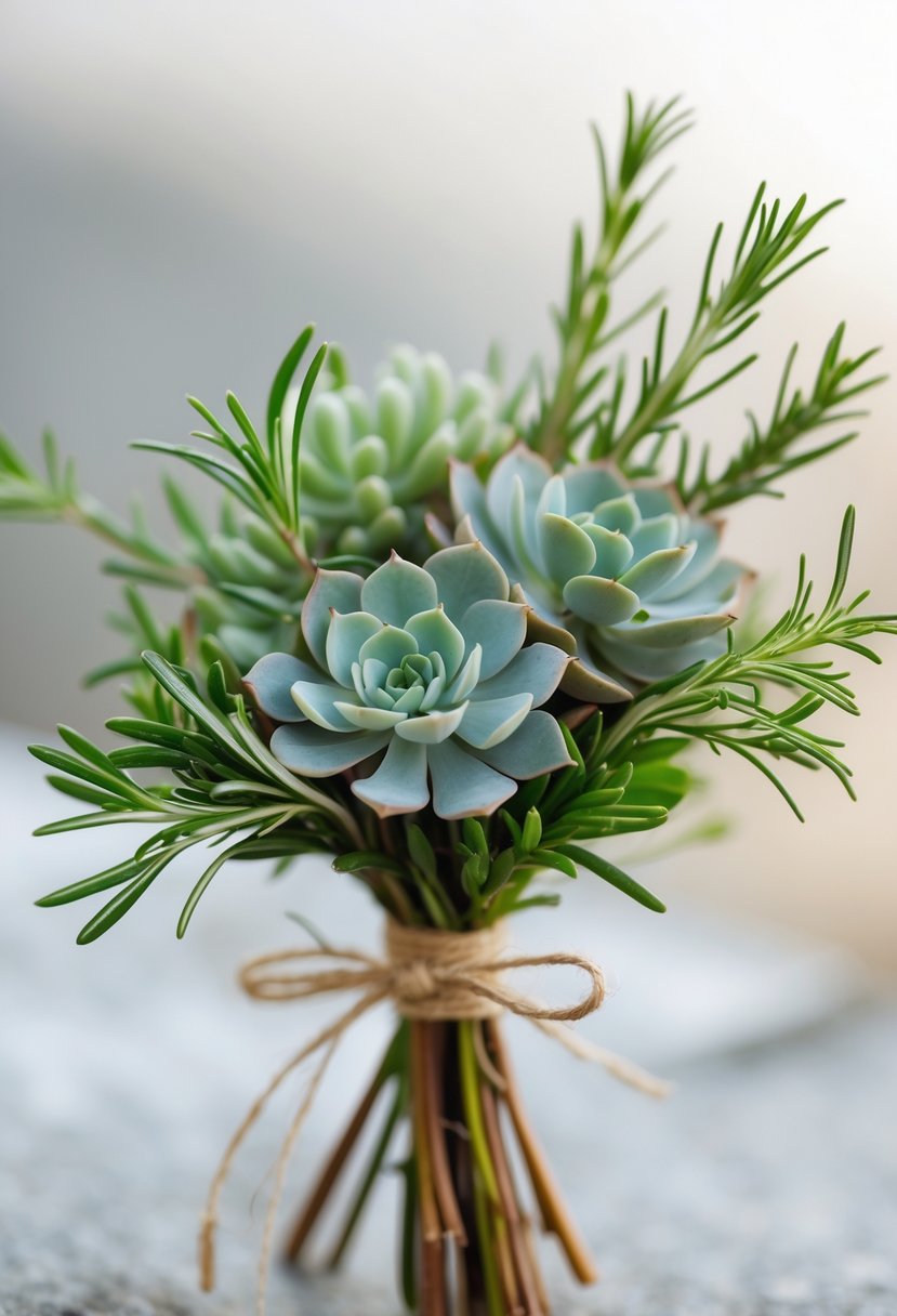 A small wedding bouquet made of succulents and rosemary sprigs tied together with a ribbon.