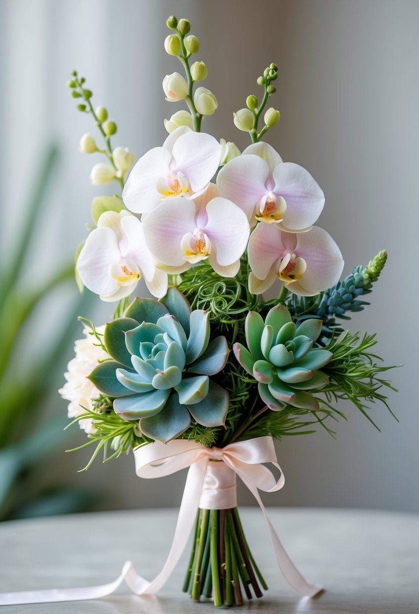 A small wedding bouquet made of white and pale pink orchids combined with green and blue succulents, tied with a satin ribbon.