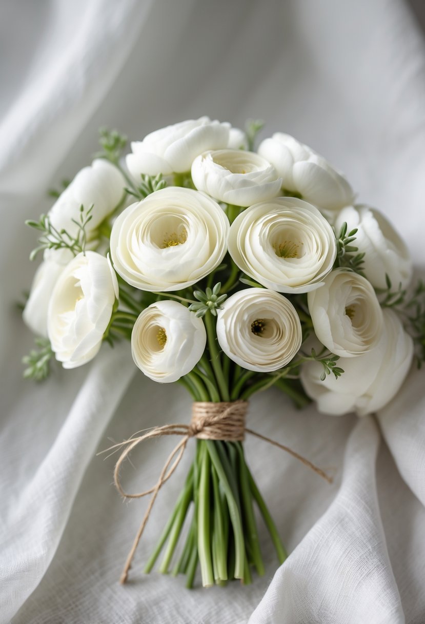A small bouquet of white ranunculus flowers tied with ribbon on a light background.