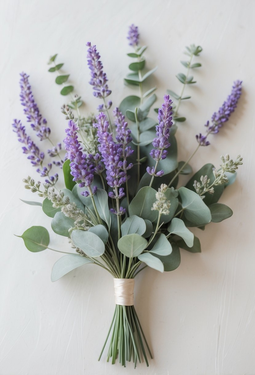 A small wedding bouquet made of lavender sprigs and eucalyptus leaves on a plain background.