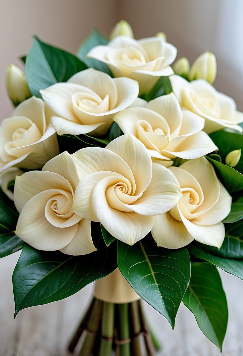 A small bouquet of cream-colored gardenias with green leaves on a softly blurred neutral background.