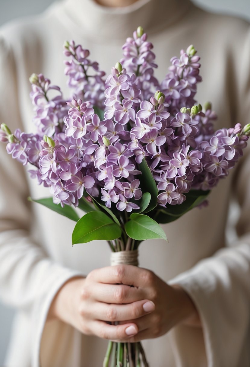 A small, tight bouquet of purple lilac flowers held against a neutral background.