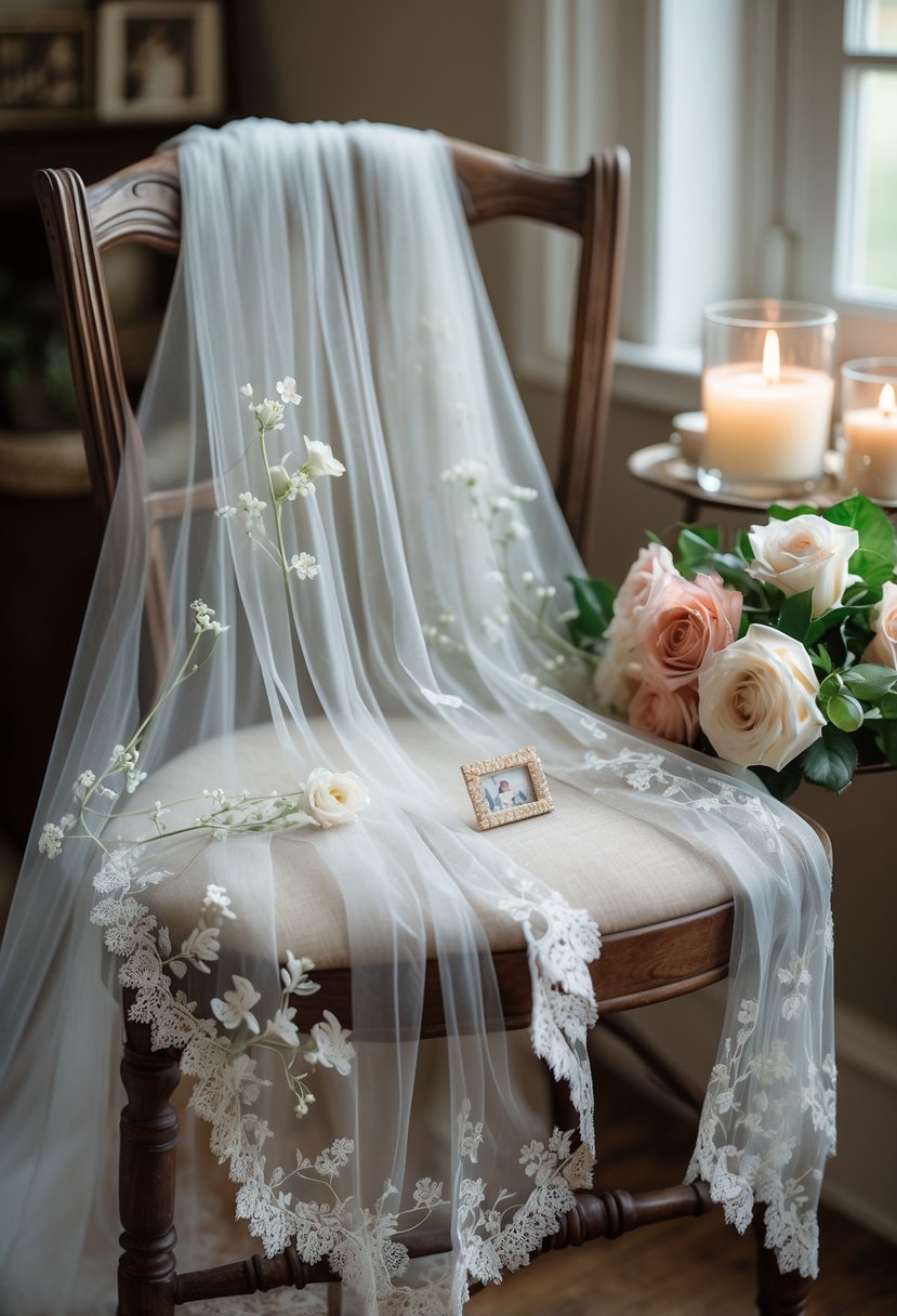 A delicate lace shawl made from a wedding veil draped over a wooden chair with wedding keepsakes nearby.