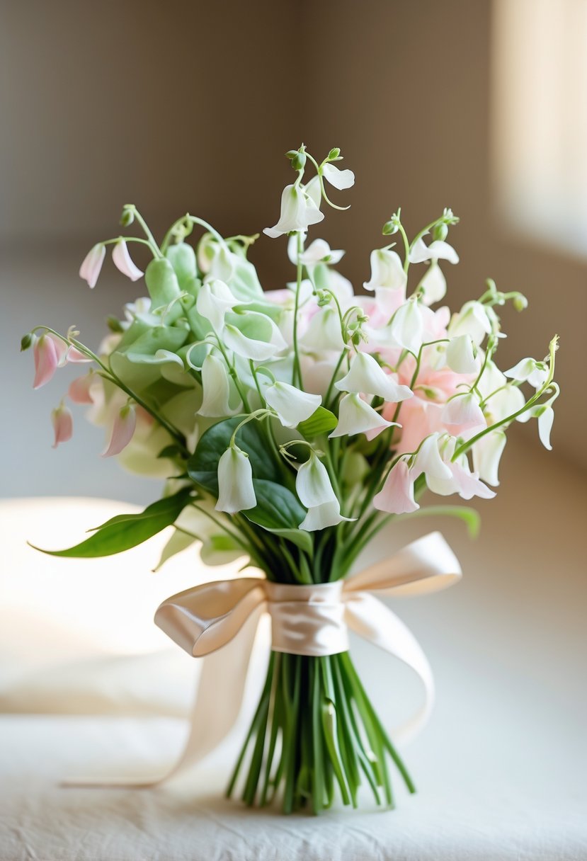 A small wedding bouquet of sweet pea flowers with soft pastel colors and green leaves tied with a ribbon.