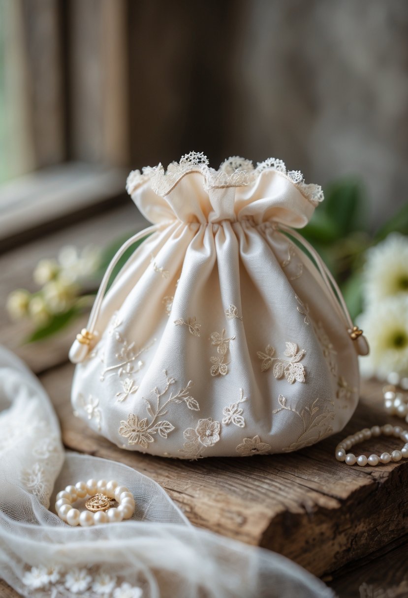 A small jewelry pouch made from delicate dress fabric resting on a wooden surface with soft natural light.
