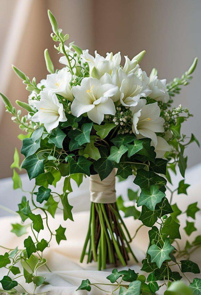 A small wedding bouquet featuring white freesia flowers and green ivy leaves.