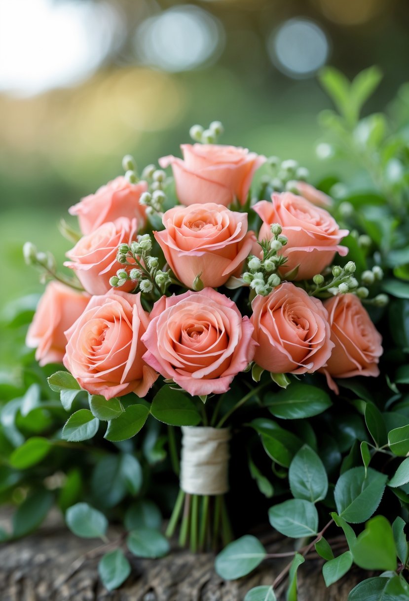 A small wedding bouquet of coral spray roses with green leaves.