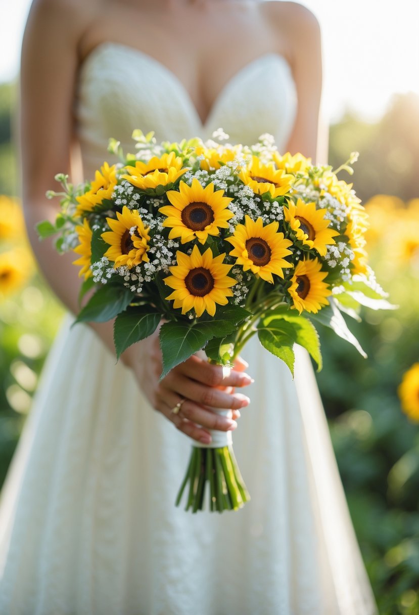 A small wedding bouquet made of mini sunflowers and green leaves held by a person in a white dress with a blurred natural background.