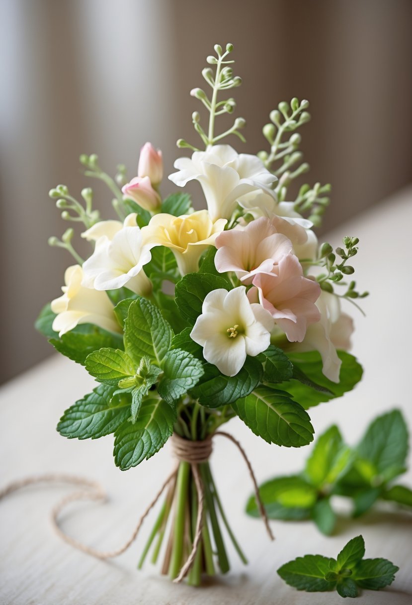 A small bouquet of freesia flowers and mint leaves held together, resting against a softly blurred background.