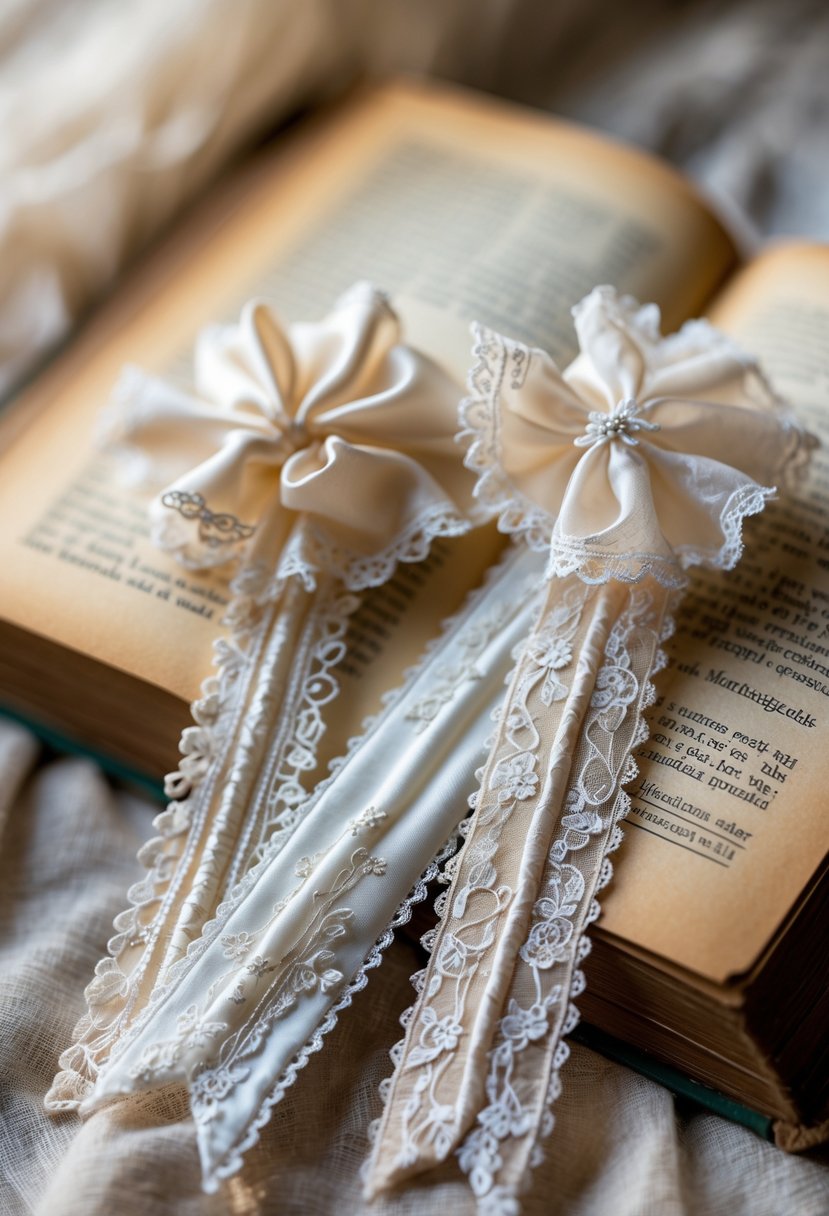 Fabric bookmarks made from wedding dress material resting on an open vintage book.