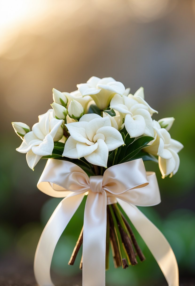 A small wedding bouquet of white gardenia buds tied with an ivory satin ribbon.