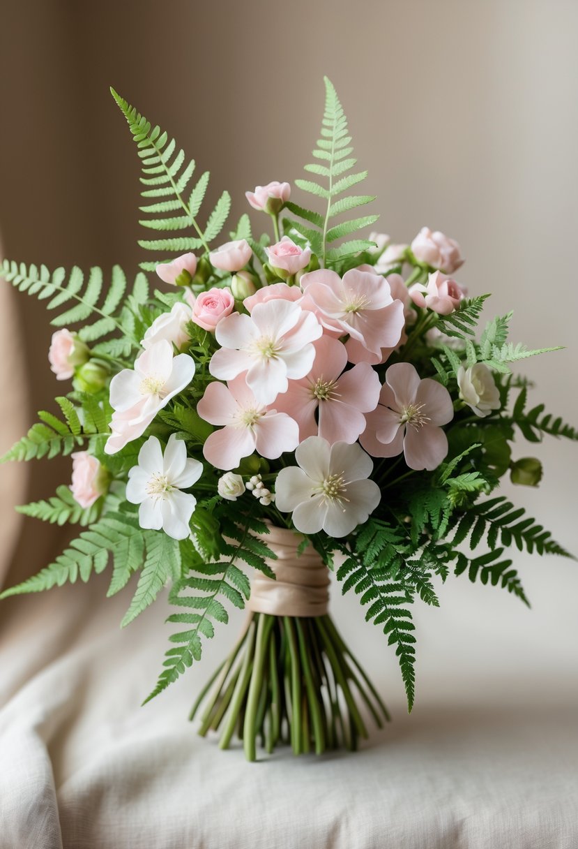 A small wedding bouquet composed of pink and white waxflowers with green fern leaves.