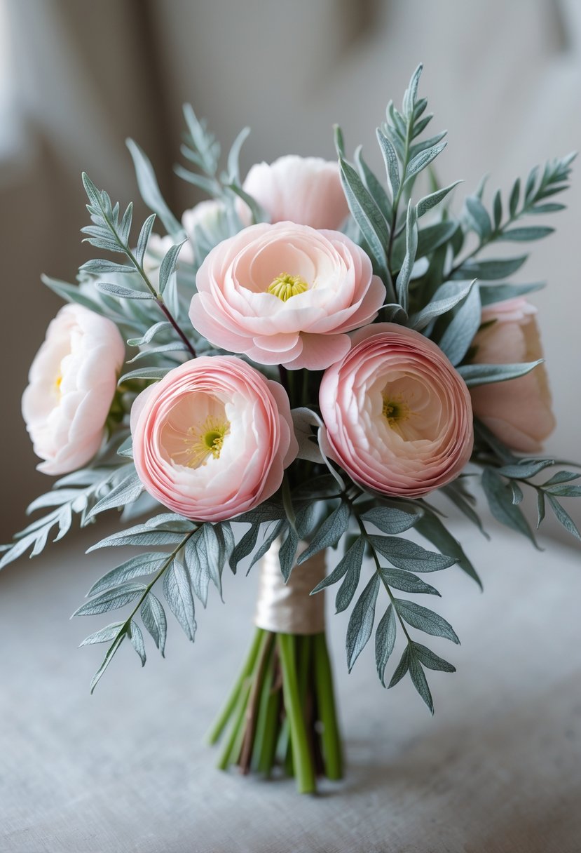 A small wedding bouquet with pink ranunculus flowers and silvery dusty miller leaves.