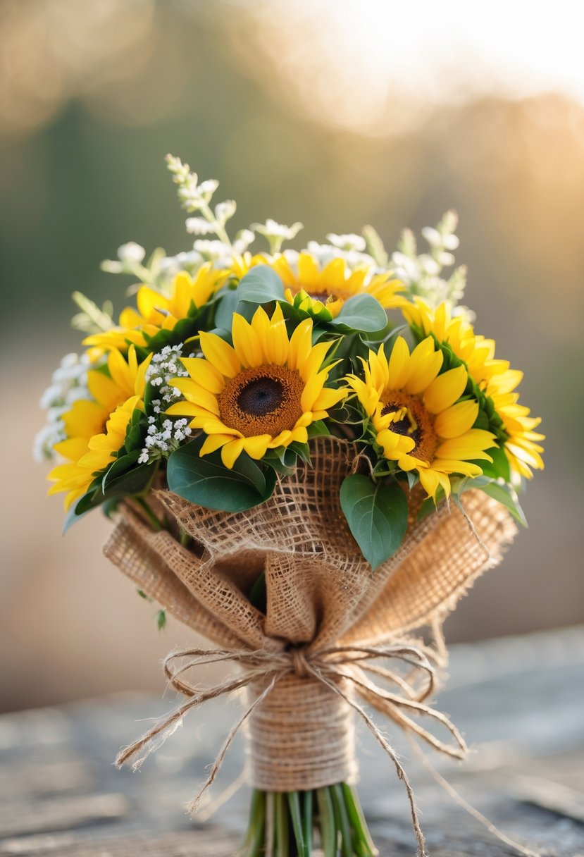 A small wedding bouquet of mini sunflowers wrapped in burlap with a twine bow.