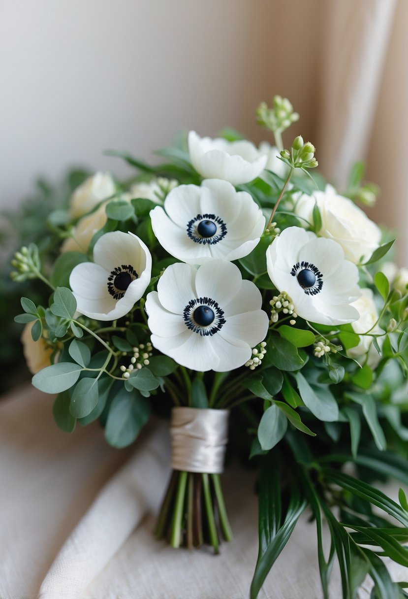 A small wedding bouquet of white anemone flowers with dark centers and green leaves.