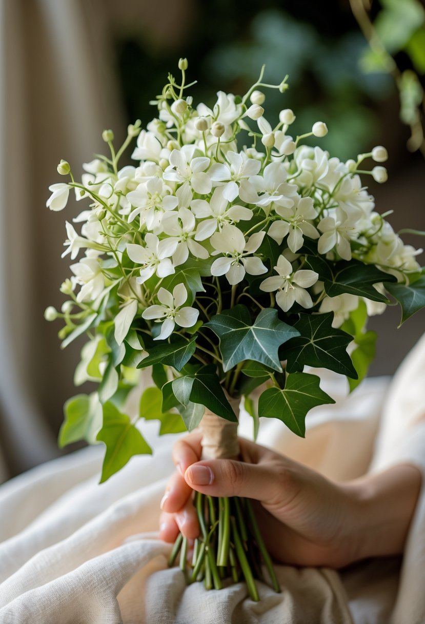 A small wedding bouquet of white jasmine flowers and green ivy leaves held gently in hands.