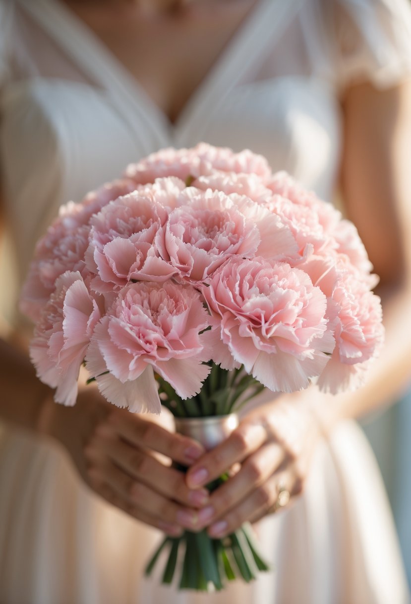 A small bouquet of soft pink carnations held gently against a blurred background.