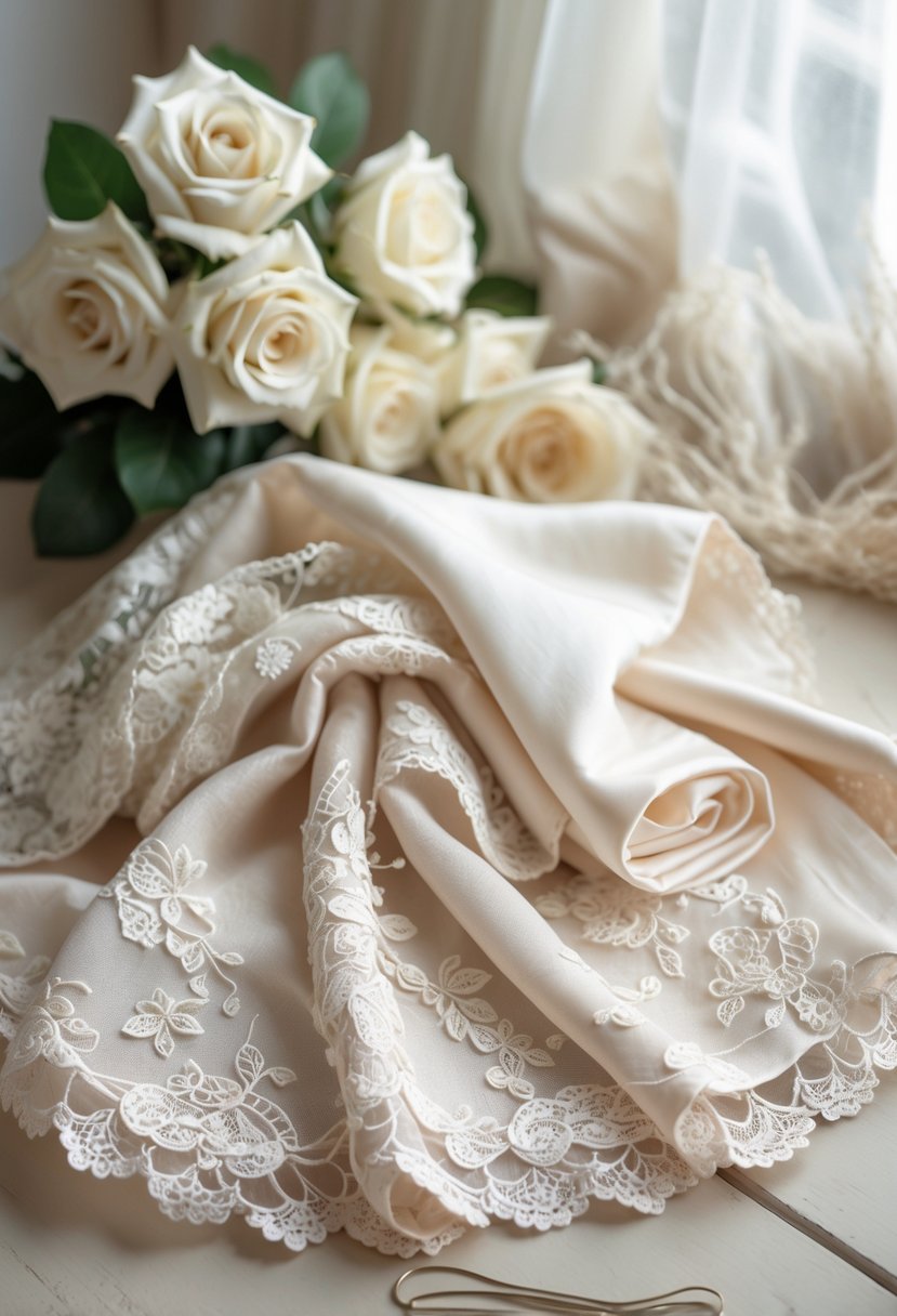 A baby blanket made from wedding dress fabric folded on a wooden surface with white roses and sewing items nearby.