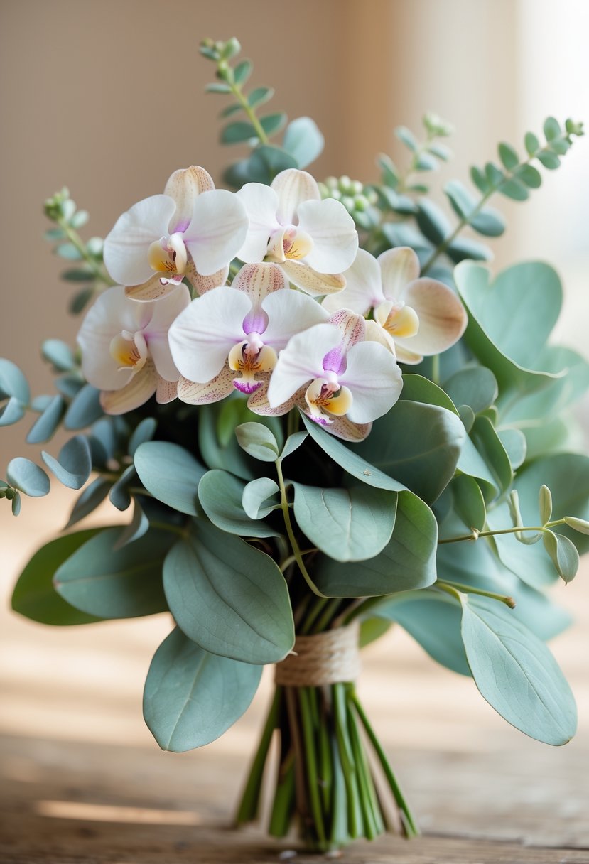 A small wedding bouquet featuring white and pale pink orchids with eucalyptus leaves.