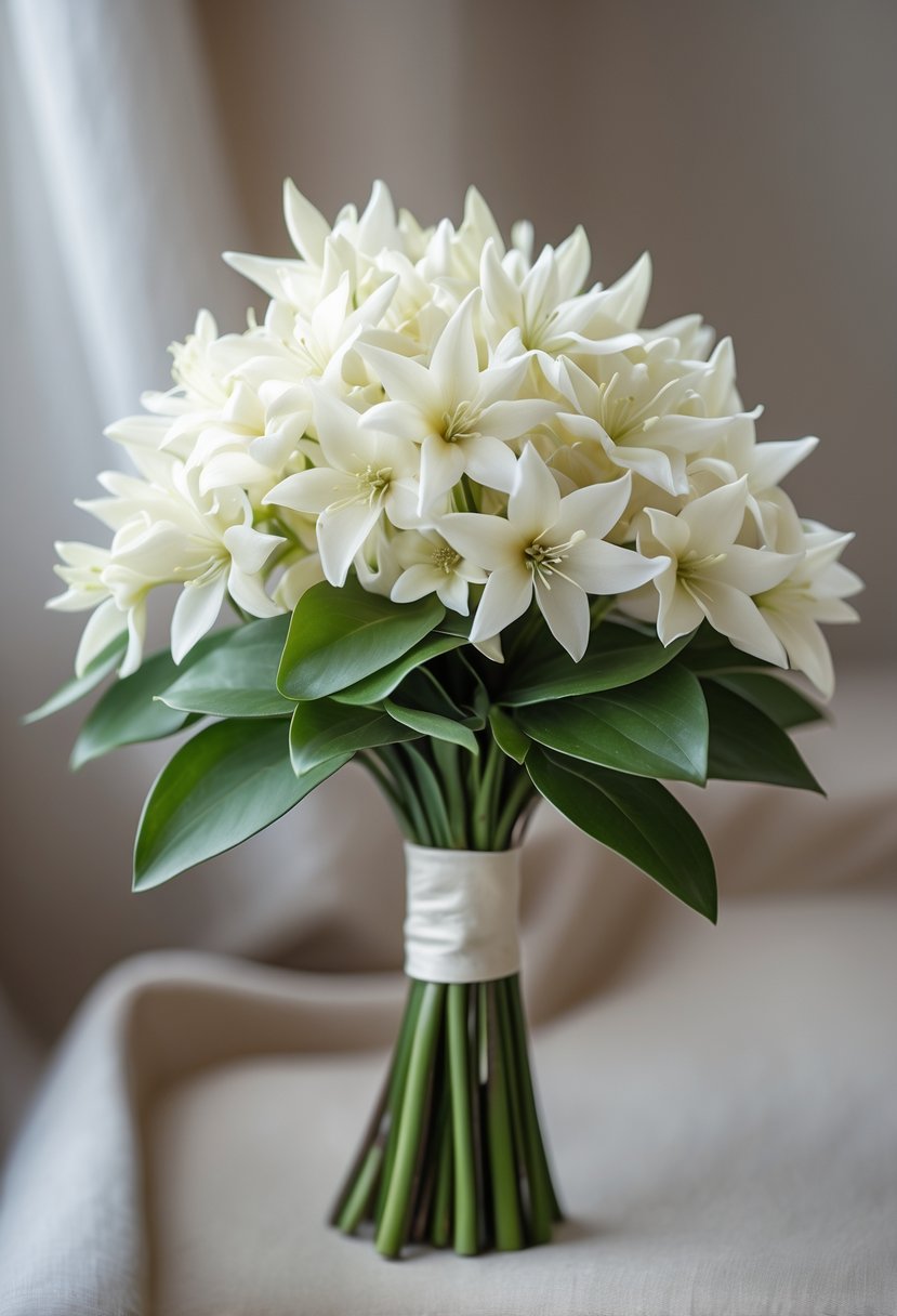 A small wedding bouquet of creamy white Stephanotis flowers with green leaves against a blurred neutral background.