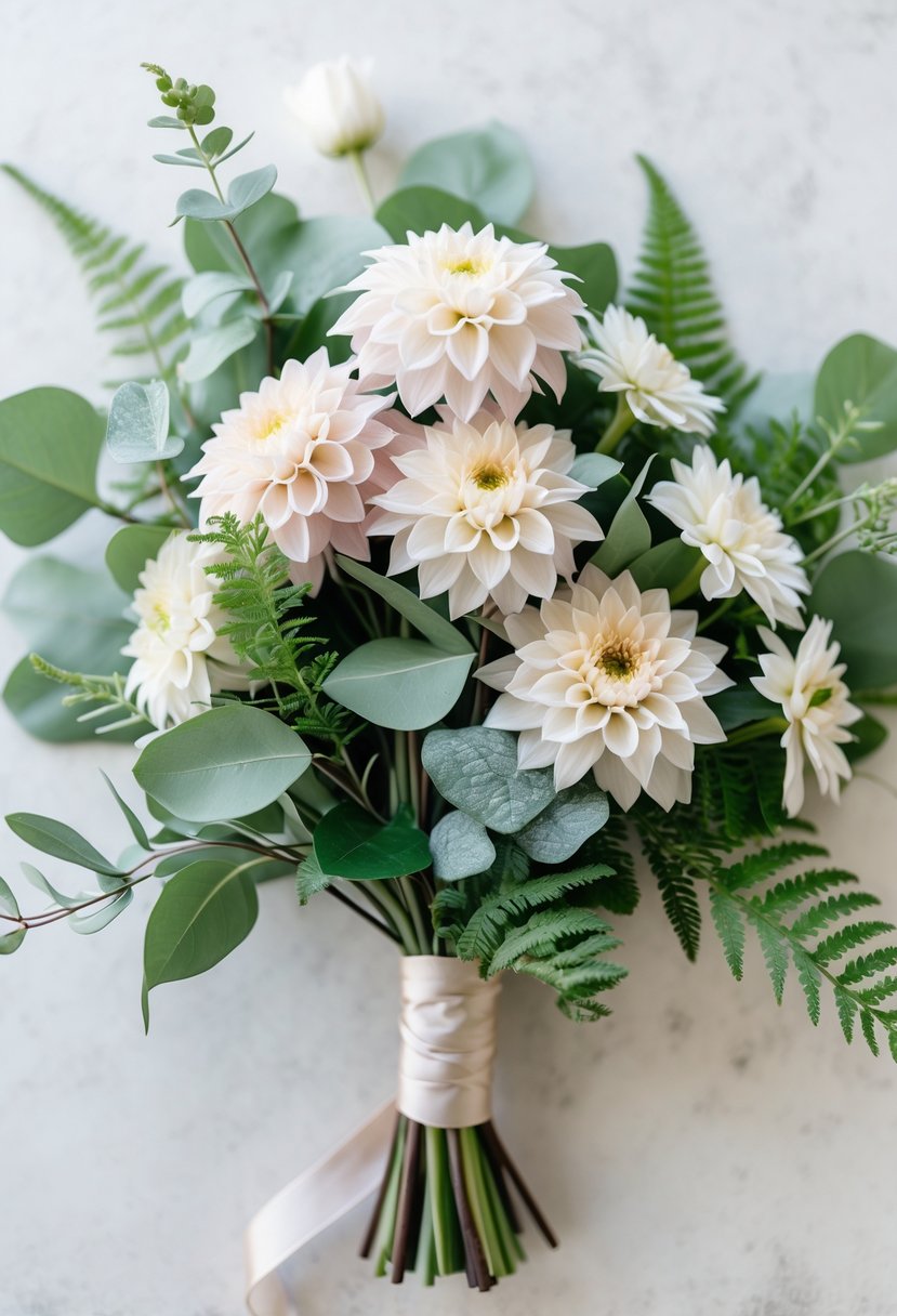 A small wedding bouquet of mini dahlia flowers with green leaves arranged together.
