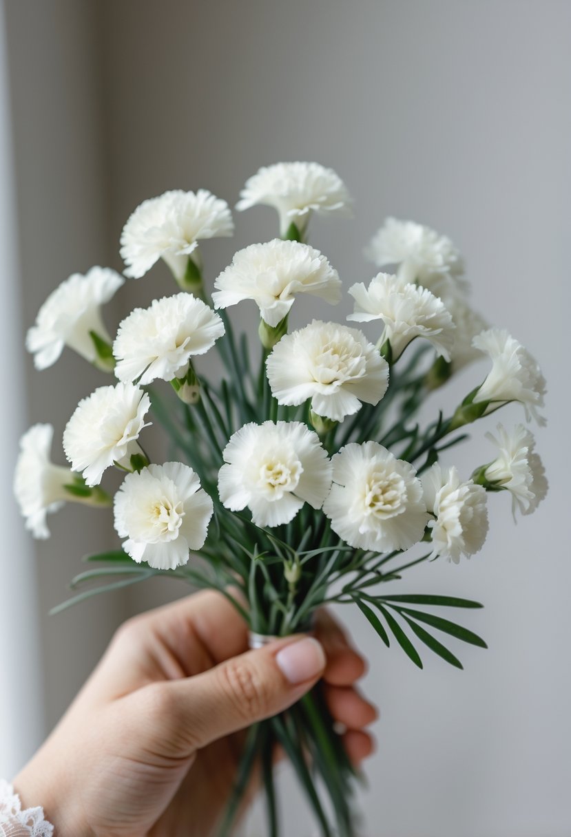 A small bouquet of white miniature carnations with green stems against a soft neutral background.