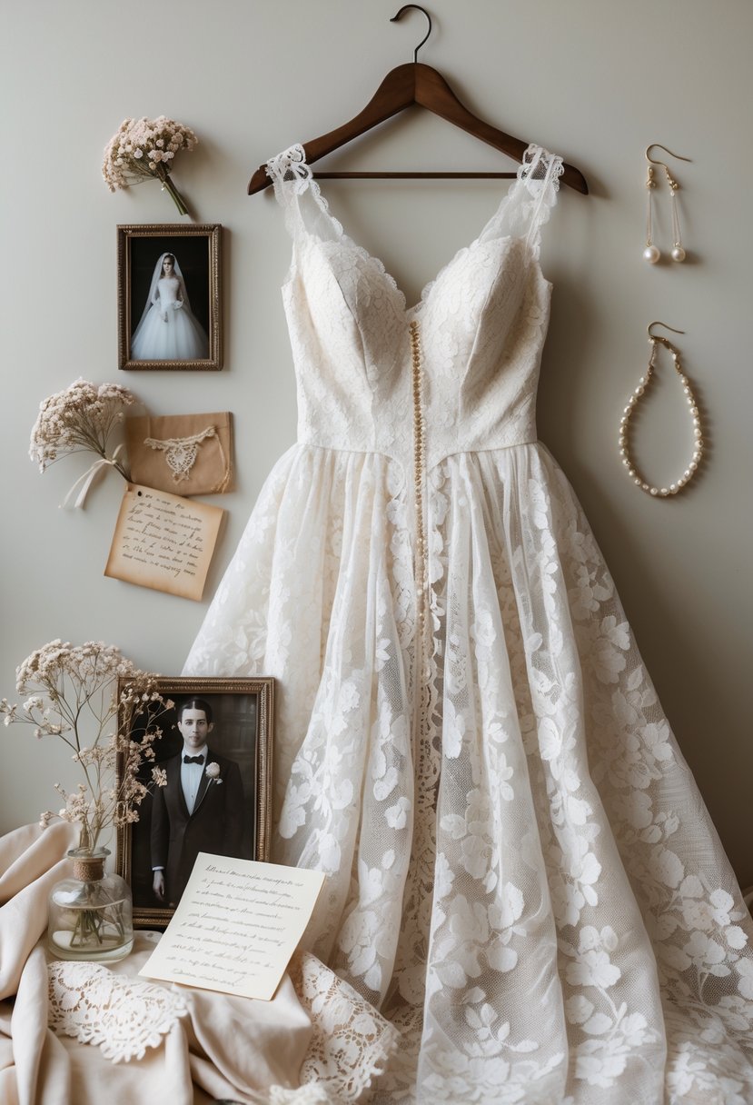 A vintage white lace wedding dress on a wooden hanger with wedding keepsakes including a framed photo, dried flowers, a handwritten letter, and pearl earrings arranged nearby.
