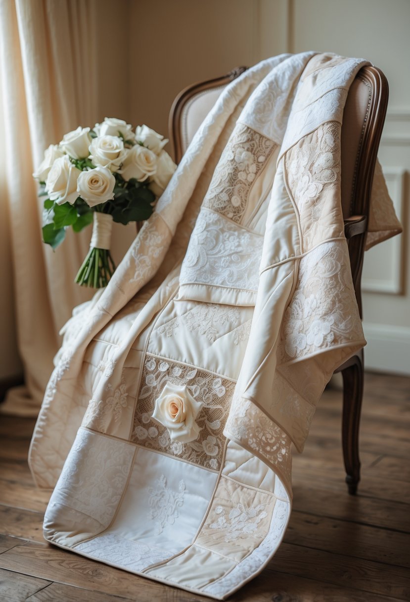 A quilt made from pieces of wedding dresses draped over a wooden chair with wedding keepsake items nearby.