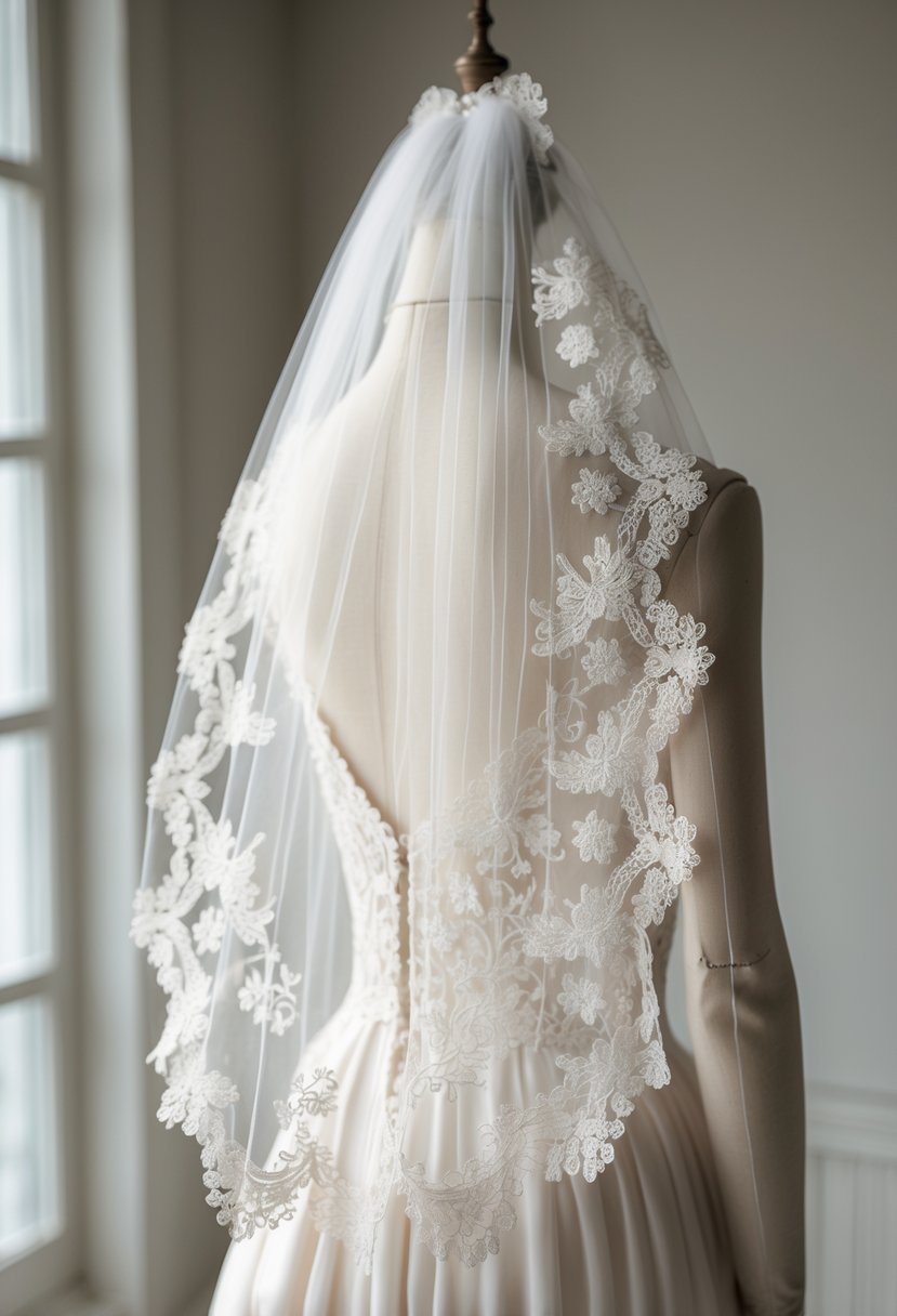 A lace veil draped over a classic wedding dress displayed in a softly lit room.
